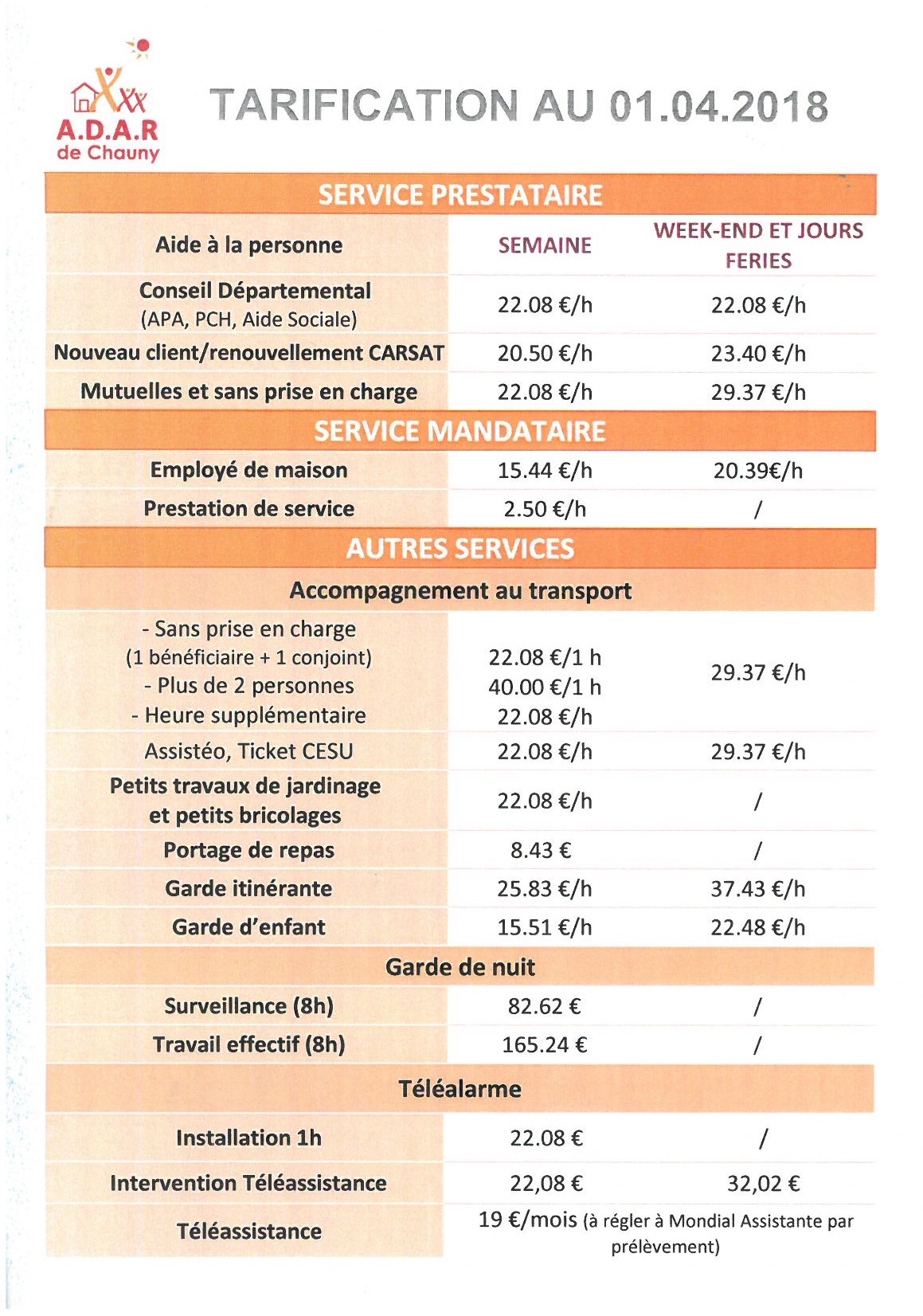 Tarifs aide à domicile Chauny. Tarifs aide à la personne Aisne. Tarifs